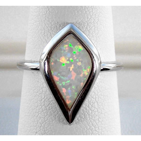 925 STERLING SILVER Lab Created Mystic Shape White Opal Ring - Picture 10 of 16